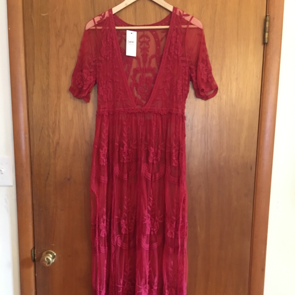 Choies Red Bohemian Embroidered Maxi Dress
